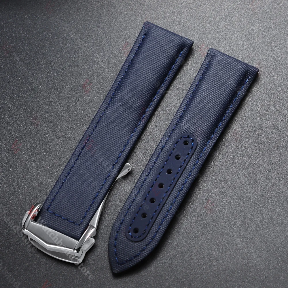 Waterproof Sailcloth Nylon Watch Band with Butterfly Buckle - Men's Sport & Business Wristband in Black and Blue