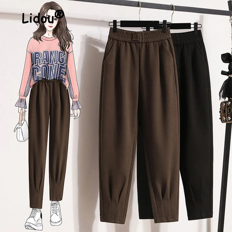 Classic Solid Color Pocket Harem Pants Women New High Waist Plush and Thicken Loose Button Keep Warm All-match Lady Trousers