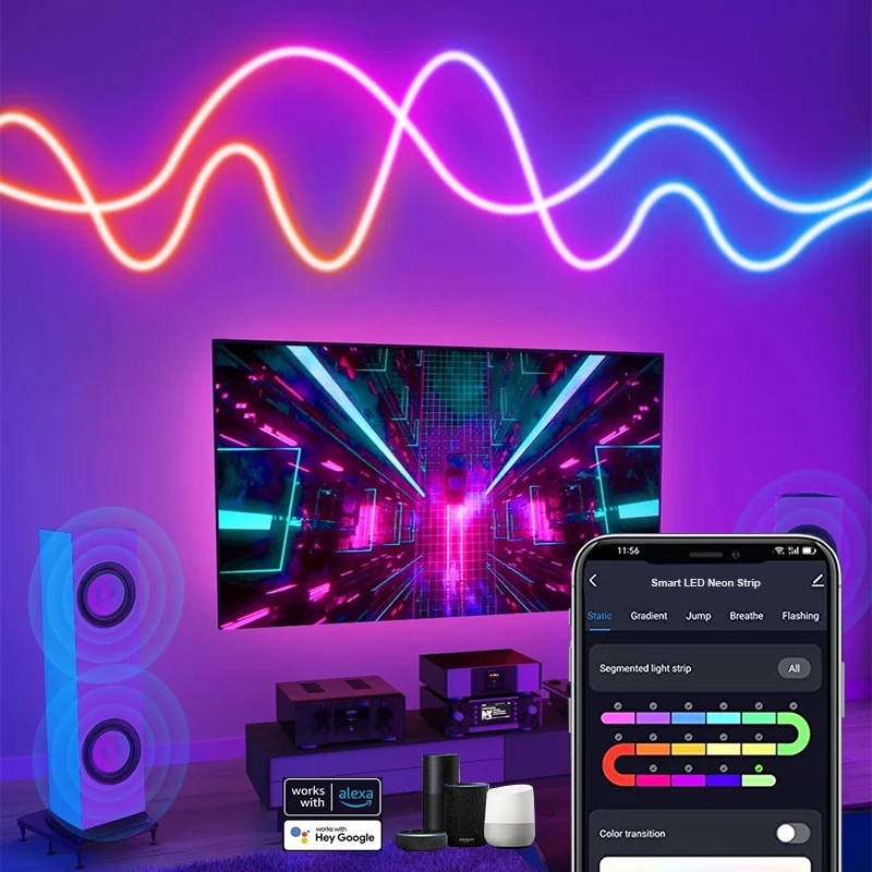 Smart RGBIC Neon Rope Light With Music Sync DIY Neon Lights TV Backlight Bedroom Gaming Decor Wifi Alexa Voice Google Assistant