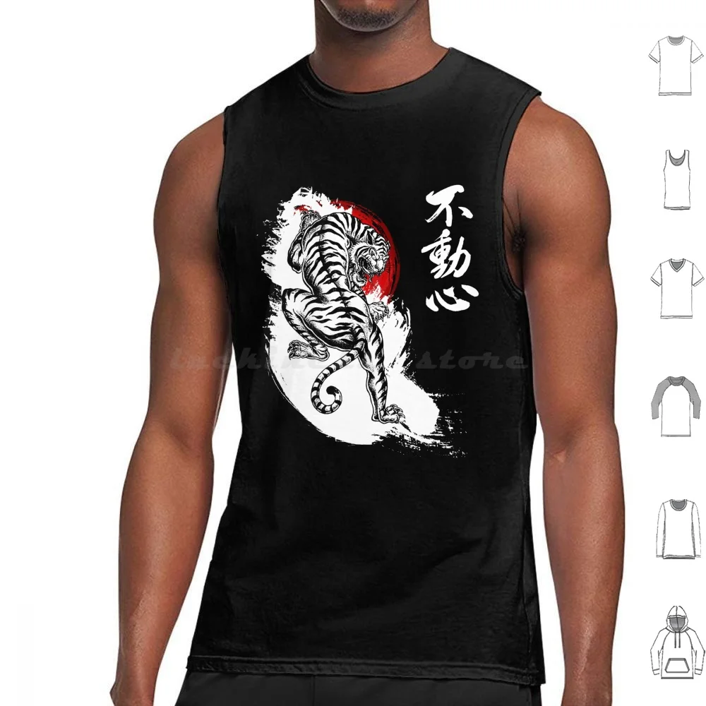 Японские топы с тигром Fudoshin Kanji (белые), хлопковые японские топы с принтом тигра, Тора фудошина Spirit Power