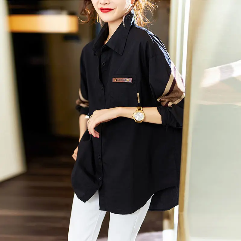 

Commute All-match Diamonds Spliced Casual Blouse Female Button Loose Vintage Turn-down Collar Shirt Women's Clothing Spring New