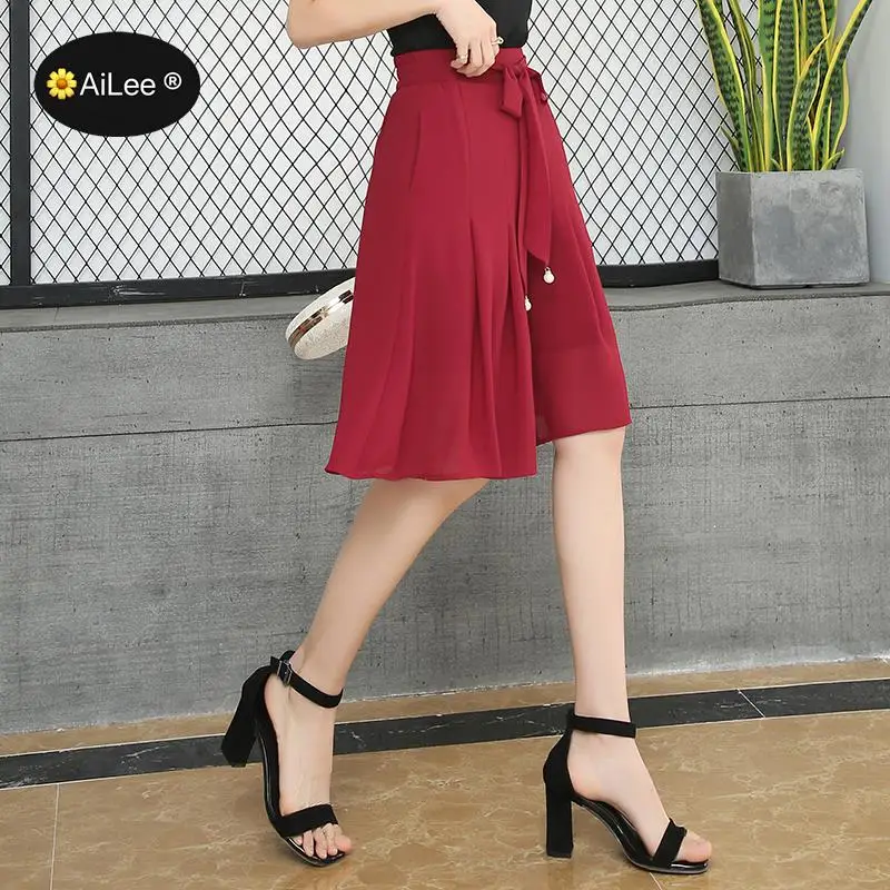 Oversize 5XL Summer Women's Pleated Chiffon Shorts Skirts Office Style Loose Casual Wide Leg Knee Length Short Drawstring Shorts