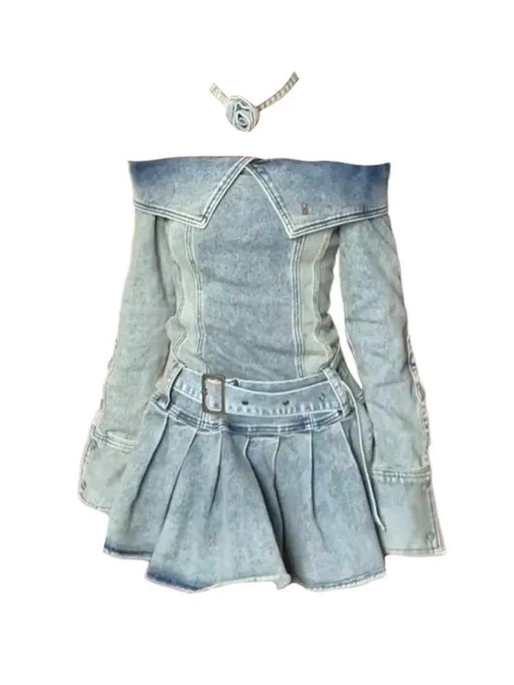 

New Design Blue Denim Dress Adjustable With Belt High Street Gyaru Slash Neck A-Line Dress Clubwear Fairy Dress Y2K Preppy Style