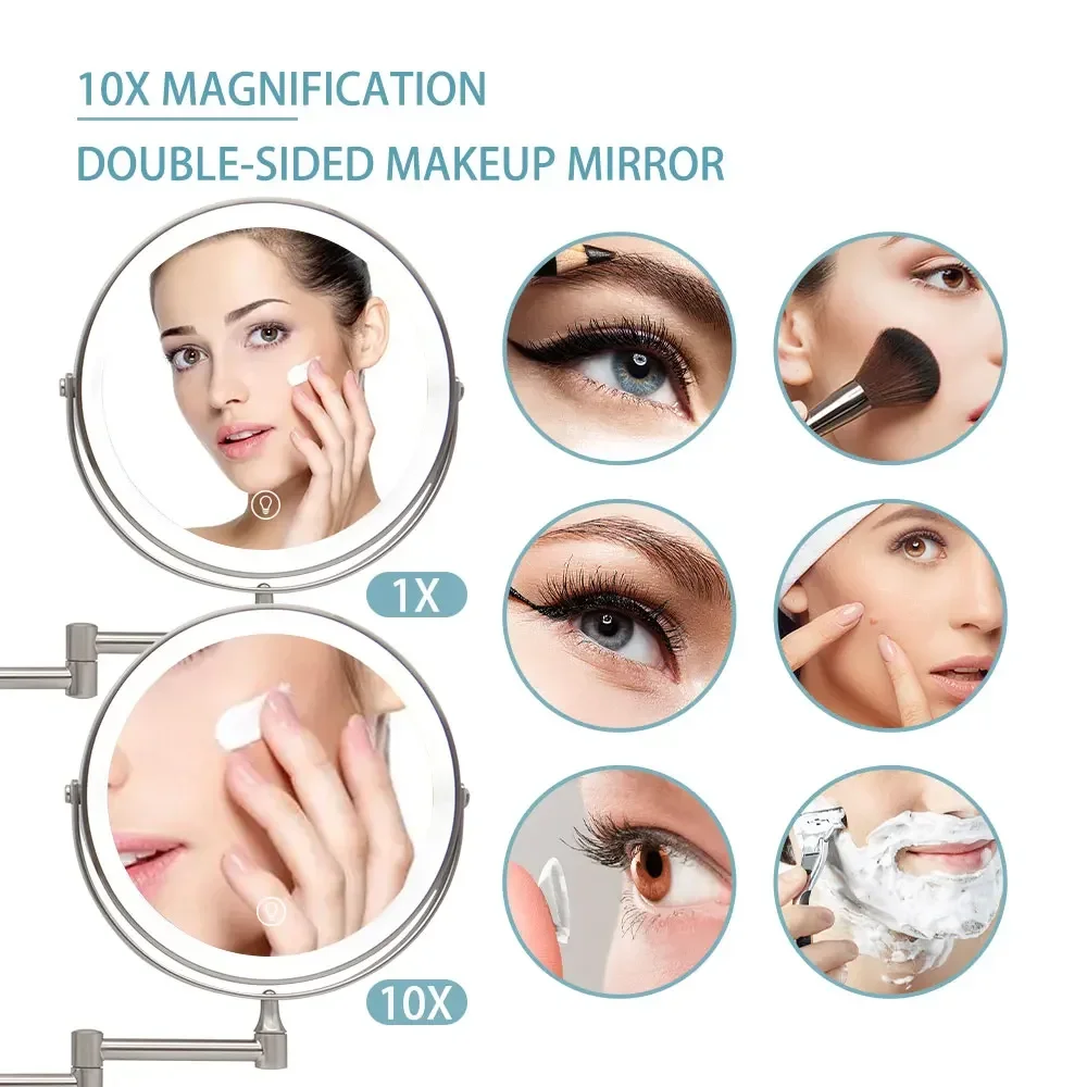 Makeup Mirror Magnifying Mirror Wall Mounted Lighted Makeup Mirror 8 Inch Magnifying 10x Two-sides Mirror Space Aluminum Black LED Cosmetic Lady Gift