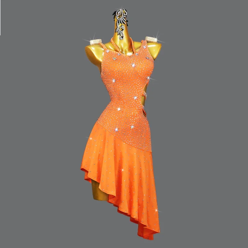 

Orange Latin Dance Competition Costume Sexy Adult Women's Senior Line Short Skirt Ballroom Dress Wear Girl Party Female Clothes