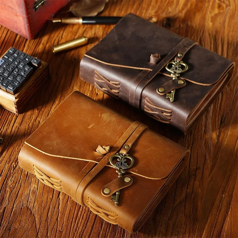 

Retro Leather Joural Magic Diary Handmade Notebook Notepad With Key Travel Book Blank Paper 300 Pages Couple Gifts