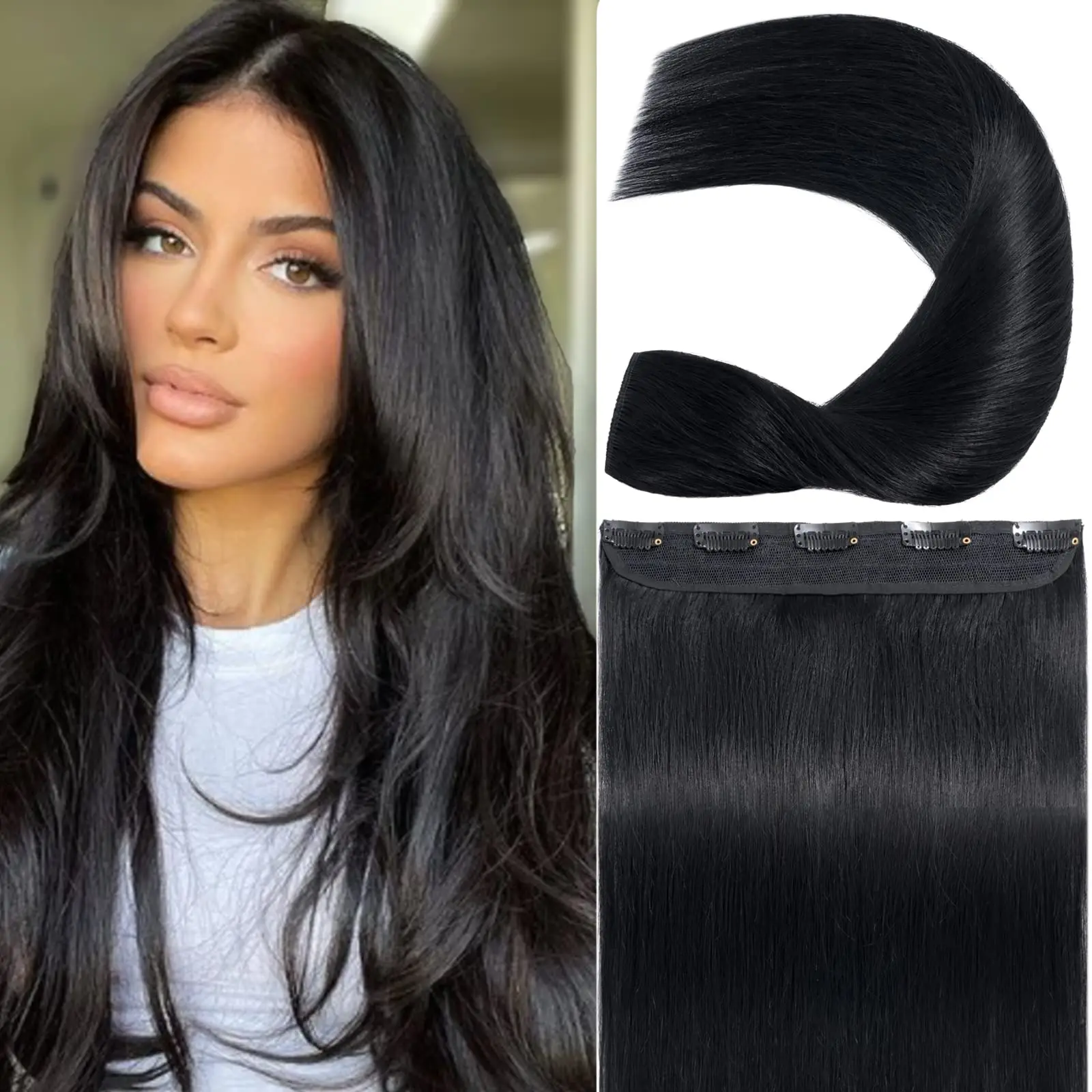 Hair Extension Clip in Hair Extensions Real Human Hairs Black Straight Extensions Head with 5 Clips One Piece Hair Clip in #1 Jet Black 26 Inch