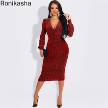 

Ronikasha Dresses 2022 Woman Sexy V Neck Sparkly Long Sleeve Bodycon Elastic Sequin Club Bright Silk Red Evening Party Dressese