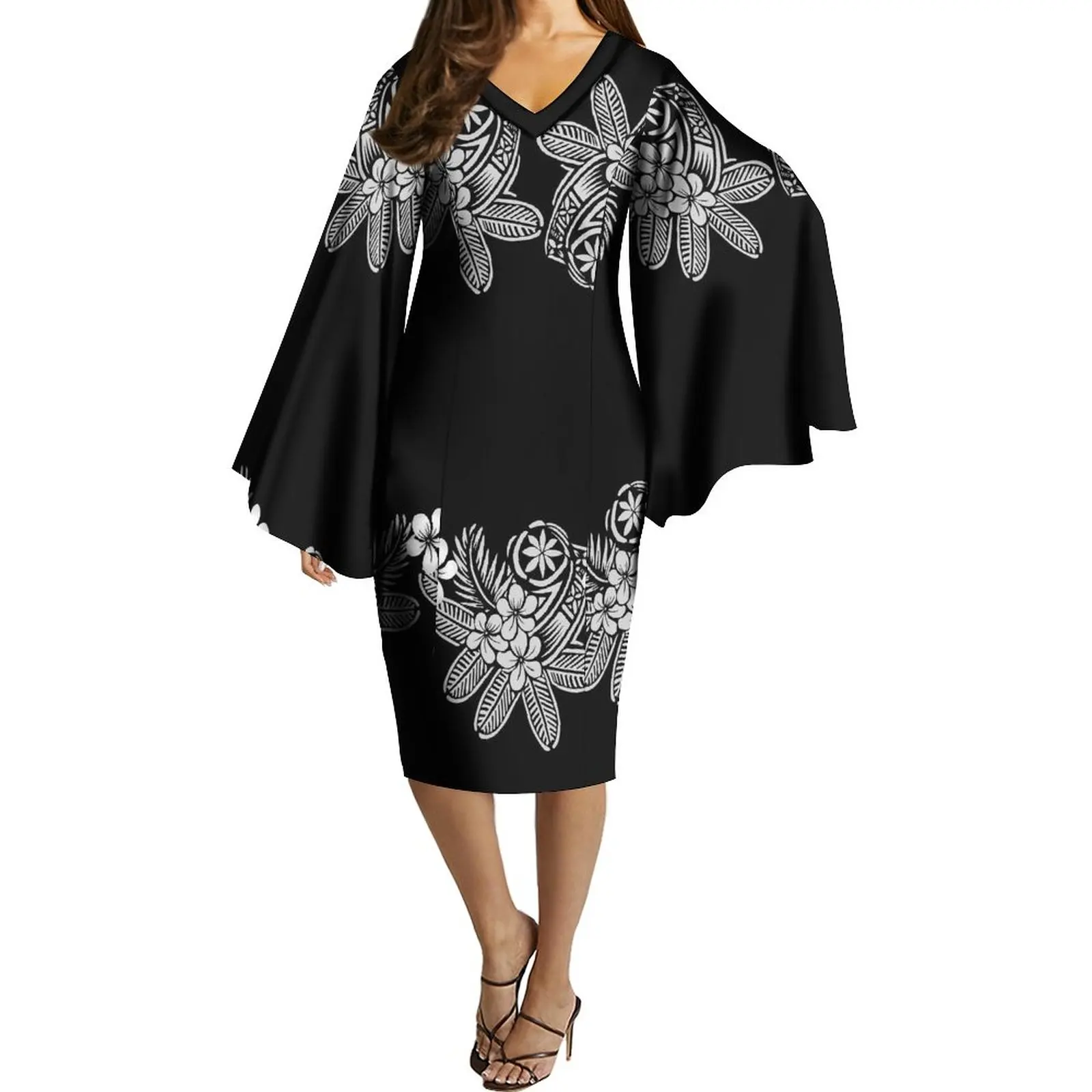 

Women's Dress Flared Sleeves Elegant Art Custom Polynesian Vintage Pattern Grand Figure Casual Evening Dress Knee-Length Skirt