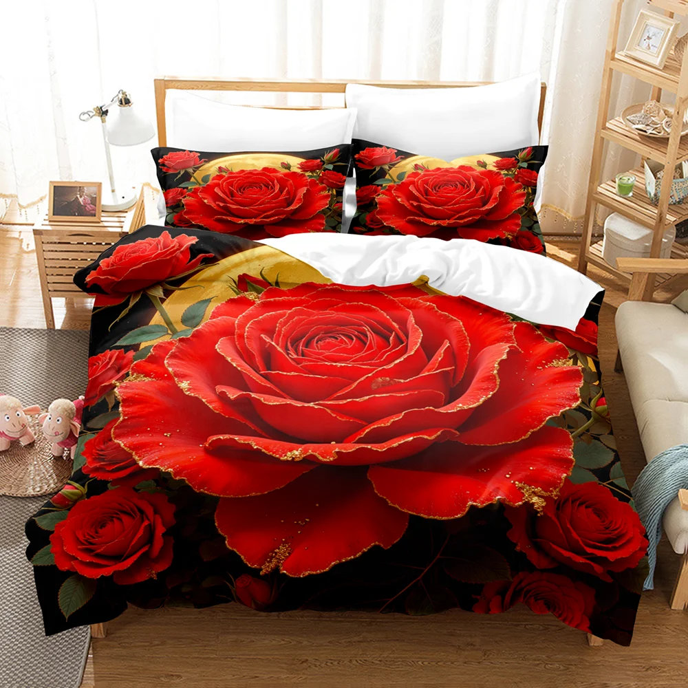 Rose Moon Print Pattern Polyester Bedding Set - Soft and Comfortable, Home Decoration,King,Queen Size,Valentine's Day