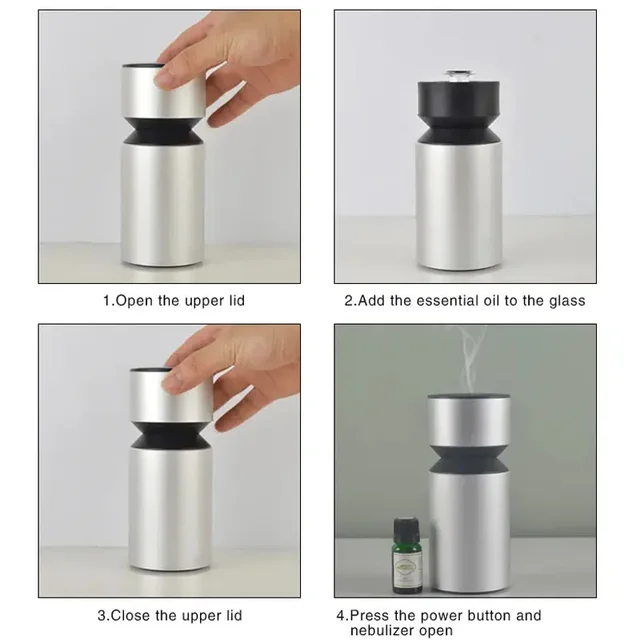 Waterless Essential Oil Fragrance Diffuser USB Rechargeable Nebulizing Diffuser For Aromatherapy Car Air Freshener Silver 5