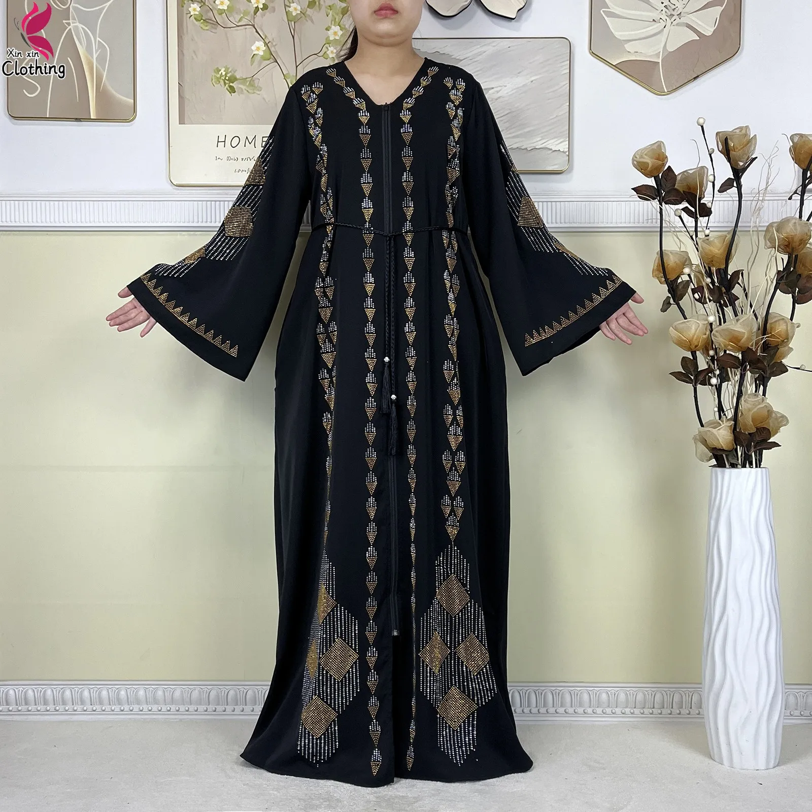 2025 Latest Fashion Women Elegant Dresses Long Sleeve Chiffon Dubai Women Robe Zipper Cardigan African Abaya Tradition Clothing 3