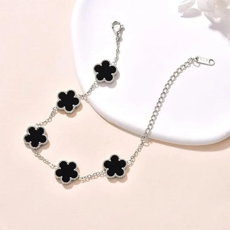 14K Gold Plated Five-leaf Clover Link Bracelets White Black