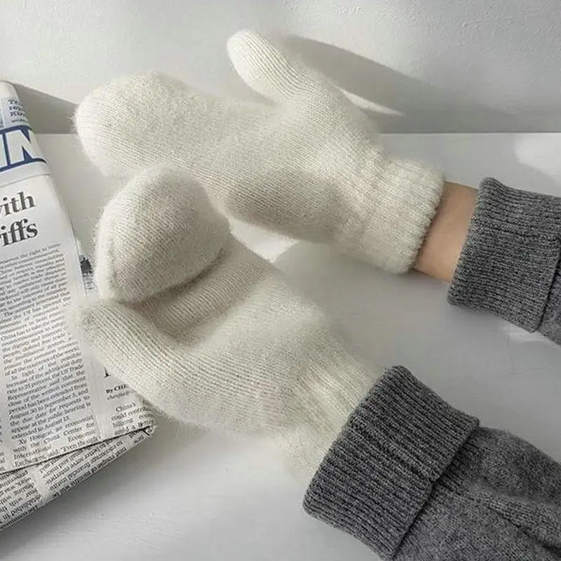 Female Double-layer Rabbit Hair Gloves Winter Korean Version of Solid Color All Fingers Winter Women Gloves Girls Mittens