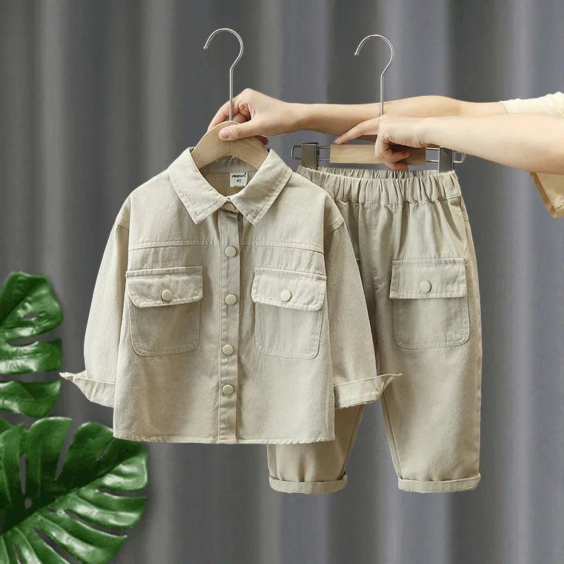 Kids Solid Color Thin Coat Pants Set Boys Outwear