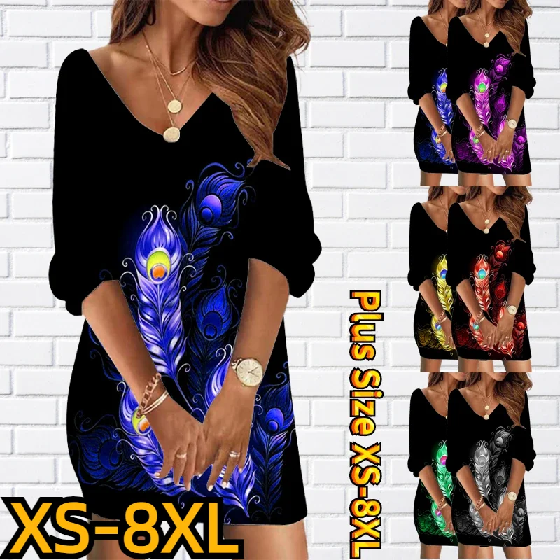 

Fall New Design Print Slim Skirt Vintage Mini Skirt Winter Women's V-neck Elegant Seven-point Sleeve Dress Sexy Short Skirt