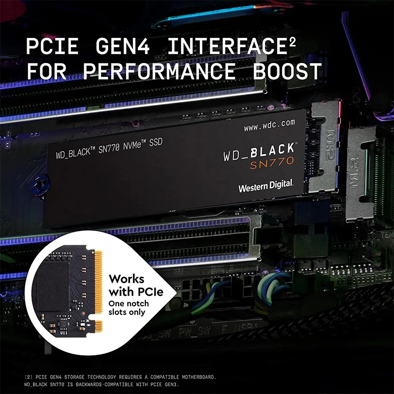 웨스턴 디지털 내장 게이밍 솔리드 스테이트 드라이브, WD BLACK SN770, 1TB NVMe SSD, 500GB, 2TB, Gen4 PCIe M.2 2280, 최대 5150 MB/s