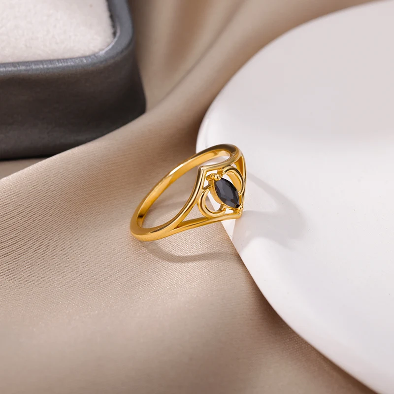Rings Moon Star Black Oval Stone For Women Stainelss Steel Couple Wedding