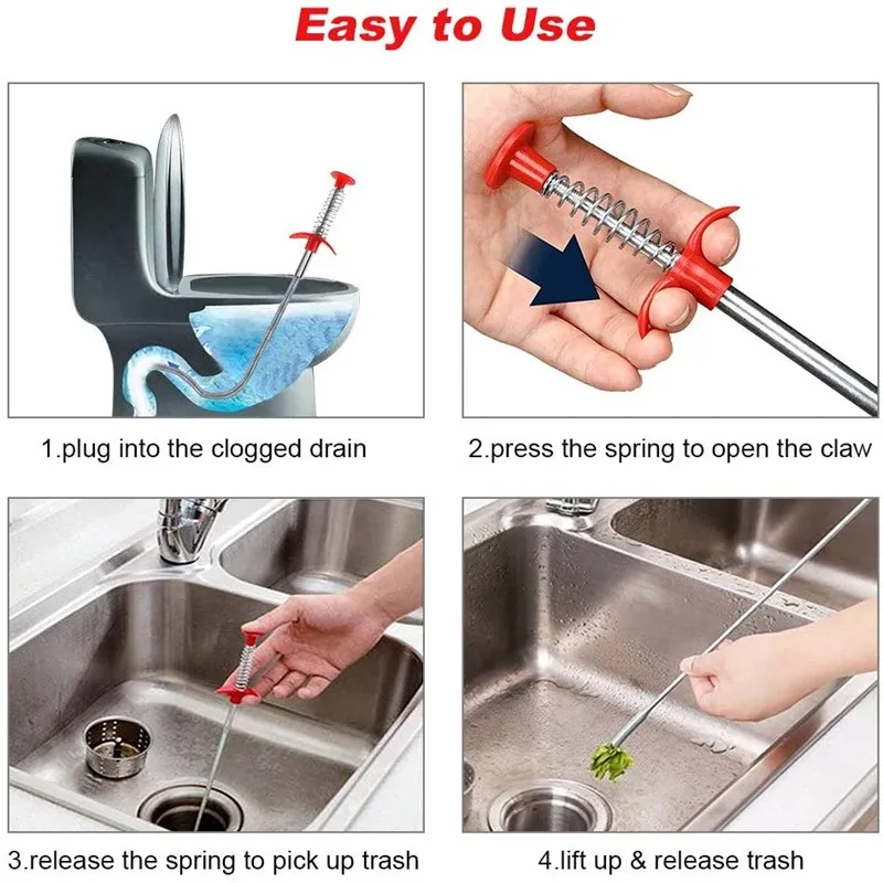 60cm Spring Pipe Unclogging Tool Drain Unclogging Anti clogging Tool with Grapple Wire Pipe Cleaner Reusable Drain Cleaner