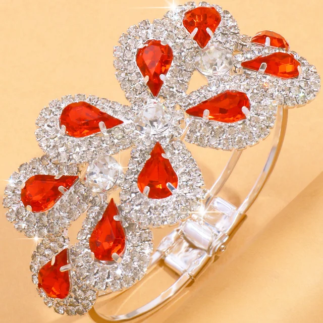 Luxury Red Crystal Flower Rhinestone Drop Bangle Bracelet for Women Exquisite Wedding Cuff Bracelet Bagle Bridal Hand Jewelry 4
