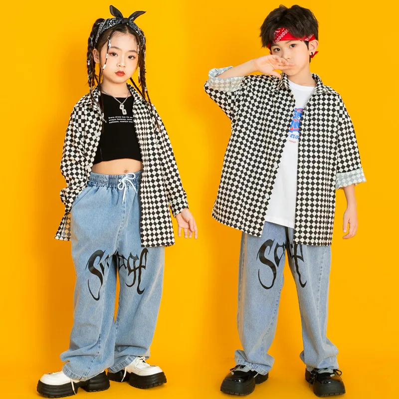 

New Kids Hip Hop Outfits Boys Black White Checked Shirt Girl Cotton Printed T-shirt Baggy Jogger Jeans Summer Jazz Dance Costume