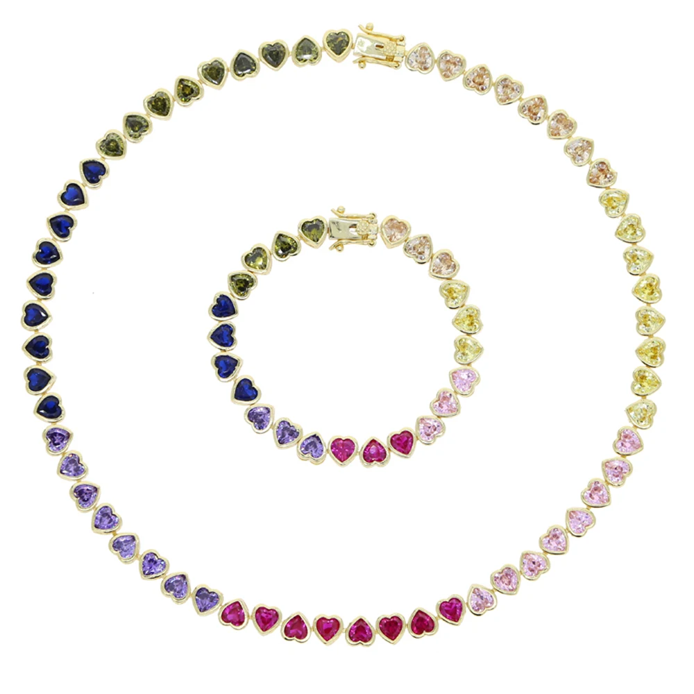 2025 New Iced Out AAA Cubic Zirconia Heart Tennis Chain Necklace Gold Color Rainbow CZ Charm Choker Hip Hop Jewelry For Women 3