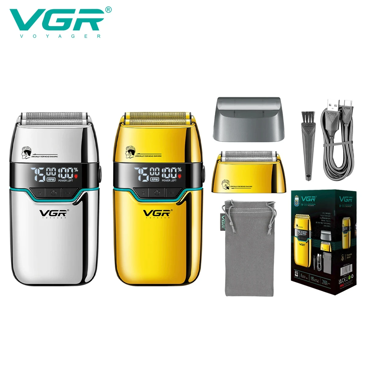 VGR V-350 고급 면도 세트 LED 지능형 디지털 디스플레이 남성용 면도기 금속 바디 날카로운 이중 날 헤드 헤어 트리밍