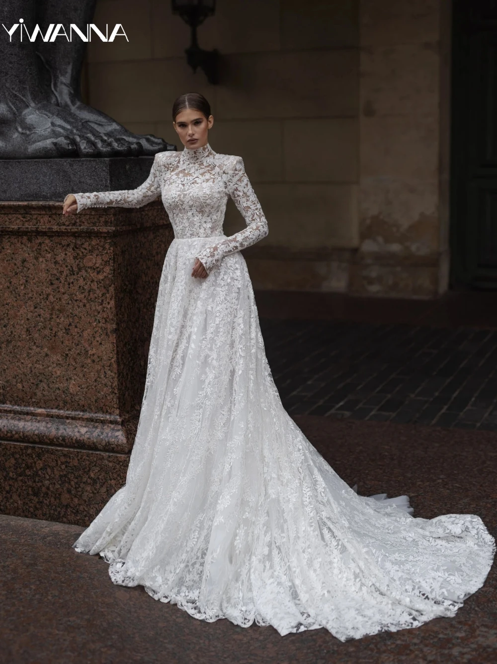 

Modest High Collar Long Sleeve Wedding Dress Sparkly Sequins Beads Bride Robe Graceful Appliques Bridal Gown Robe De Mariée