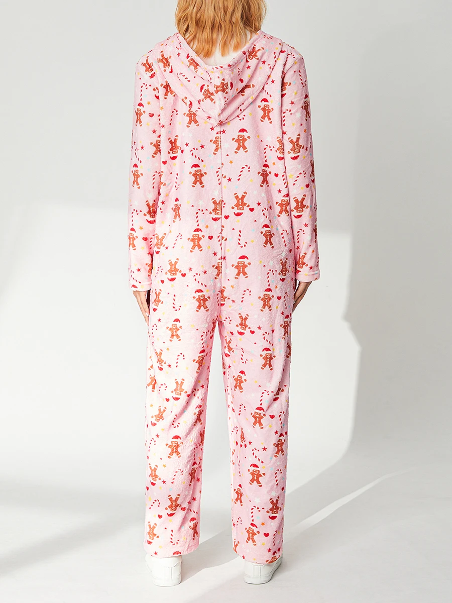 Women Graphic Prints Nightwear Winter Warm Plush Inner Zipper Closure Long Sleeve Hooded Jumpsuit Romper for Fall Loungewear Pjs