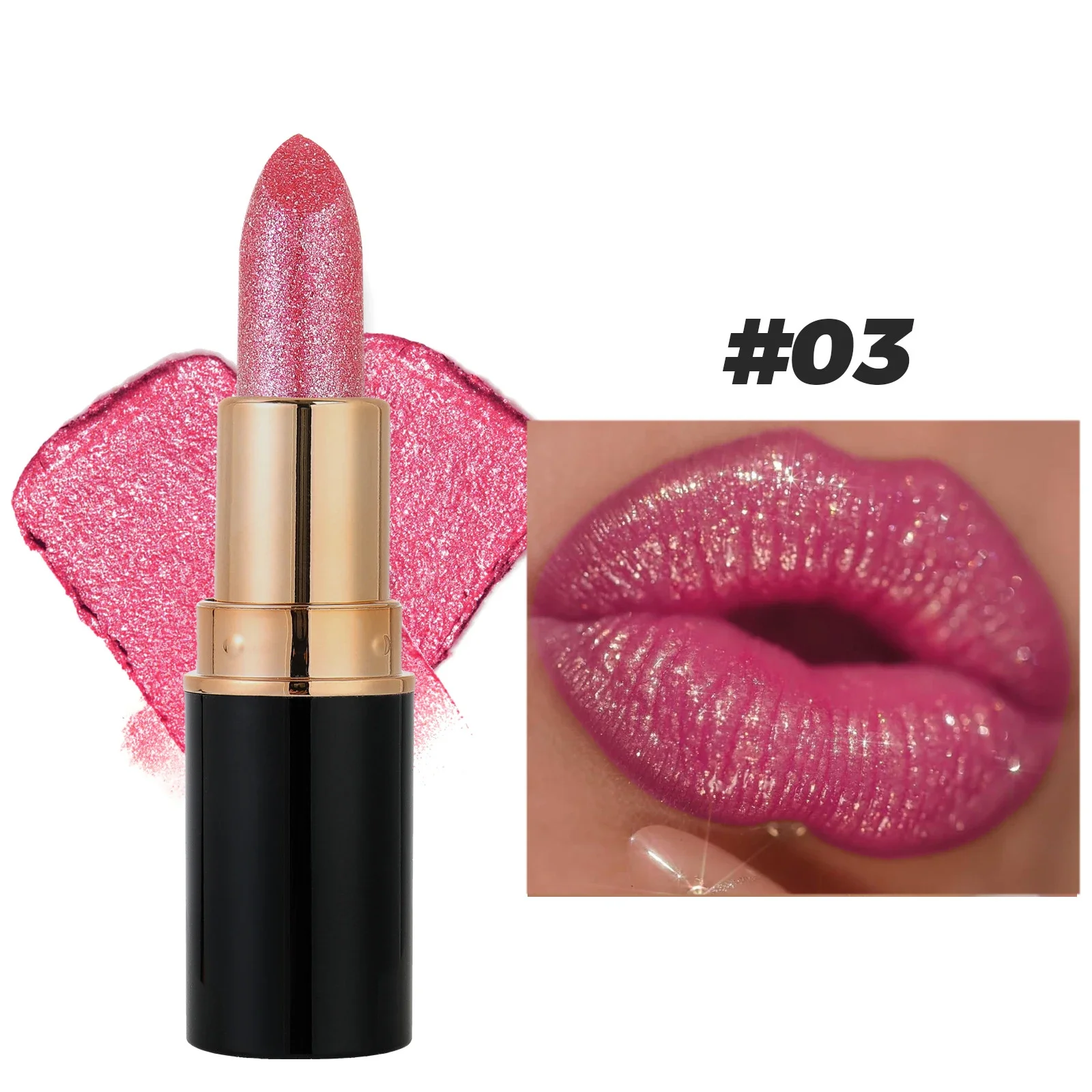thumbnail image 1 of 6 Colors Glitter Lipstick Waterproof Lasting Diamond Pearlescent Metallic Lipstick Pink Red Lip Gloss Women Lips Makeup Cosmetic, 1 of 5