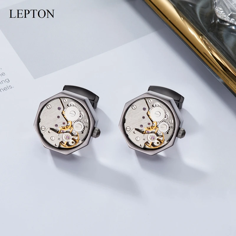Lepton Watch Movement Cufflinks Of Movable Black Vintage Steampunk Gear Cufflink Perfect For Wedding Groom Anniversary Birthday