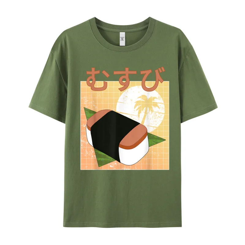 Funny Retro 90s Japanese Kawaii T-Shirt Short Sleeve Newest Men Christmas Tops Tees Outdoor Tee Shirts Crew Neck Pure Cotton Funny Retro 90s Japanese Kawaii Spam Musubi Hawaii Design T-Shirt__19255 armygreen