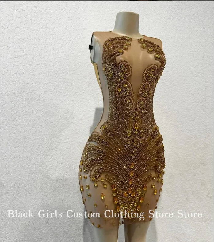 Luxury Gold Diamante Short Cocktail Dresses Women Sexy Crystal Rhinestone Prom Celebrity Gowns Robes Habill&eacute;es Custom