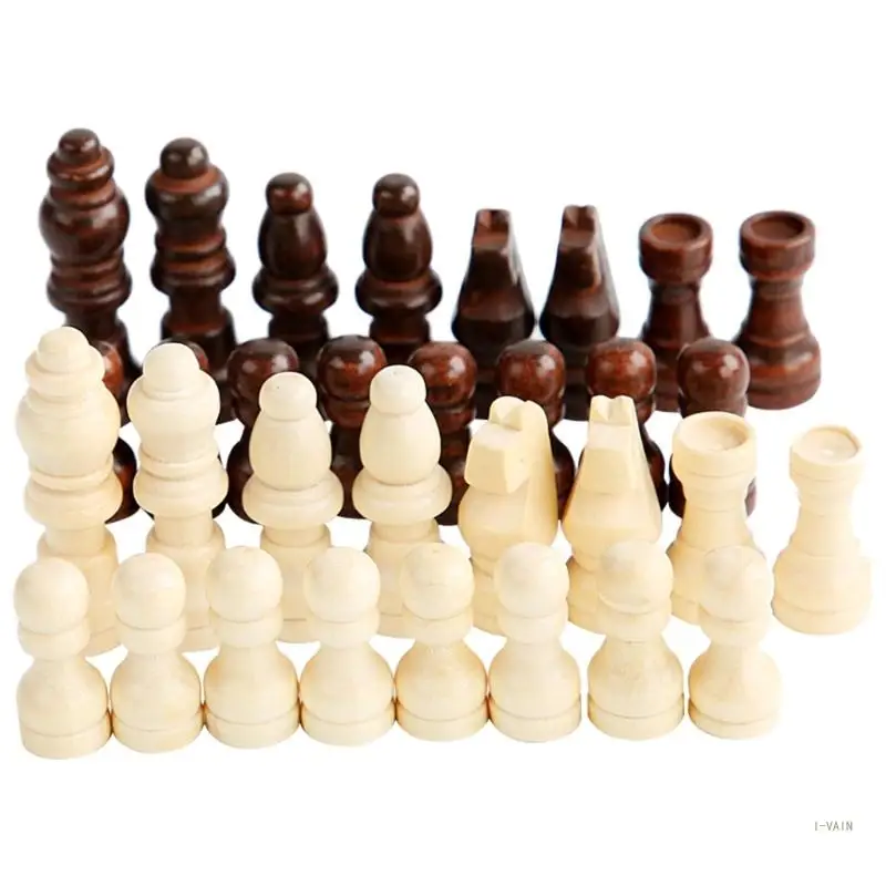 M5TC 32 Pcs Wooden International Chess Pieces Hand Carved Chess Game Pawns Figurine Pieces Board Accessories Durable