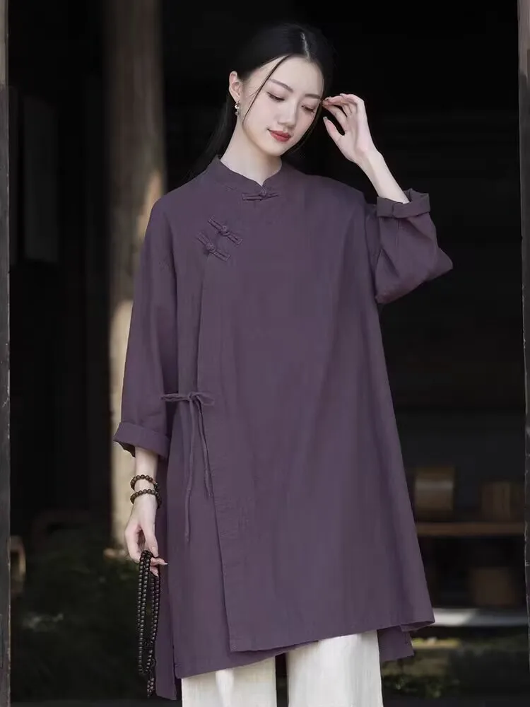 Chinese Style Retro Cotton and Linen Tops China Traditional Clothing Women Mid-length Shirt Vintage Solid Color