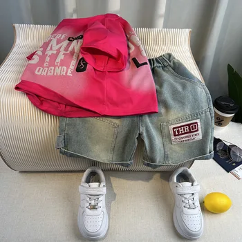 Summer Children Boys Two-piece Suit New Letter Printed Top+loose Elastic Waist Denim Shorts Young Boys Sets Thin Kids Boys Sets 3