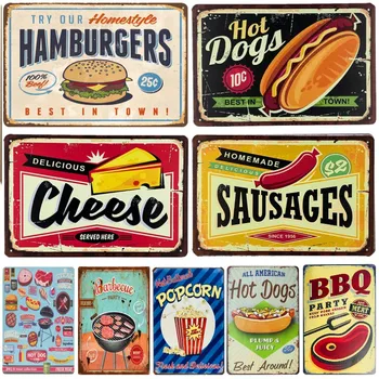 Targhe in metallo di Amburatori Hot Dog Stampate Poster vintage Decorazione da parete per cucina Negozio di fast food Placca Wall Art Piastra in ferro Pittura 1