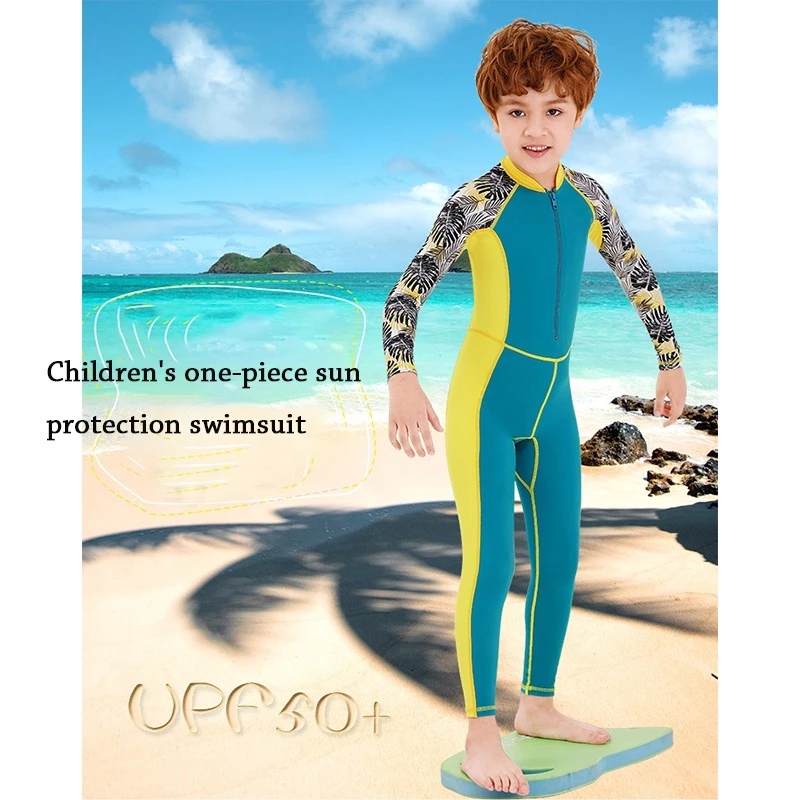 One-Piece Quick Drying Summer Boys Swimwear Children Swimsuits Kid Short Sleeve Sun Protection (including swimming caps)