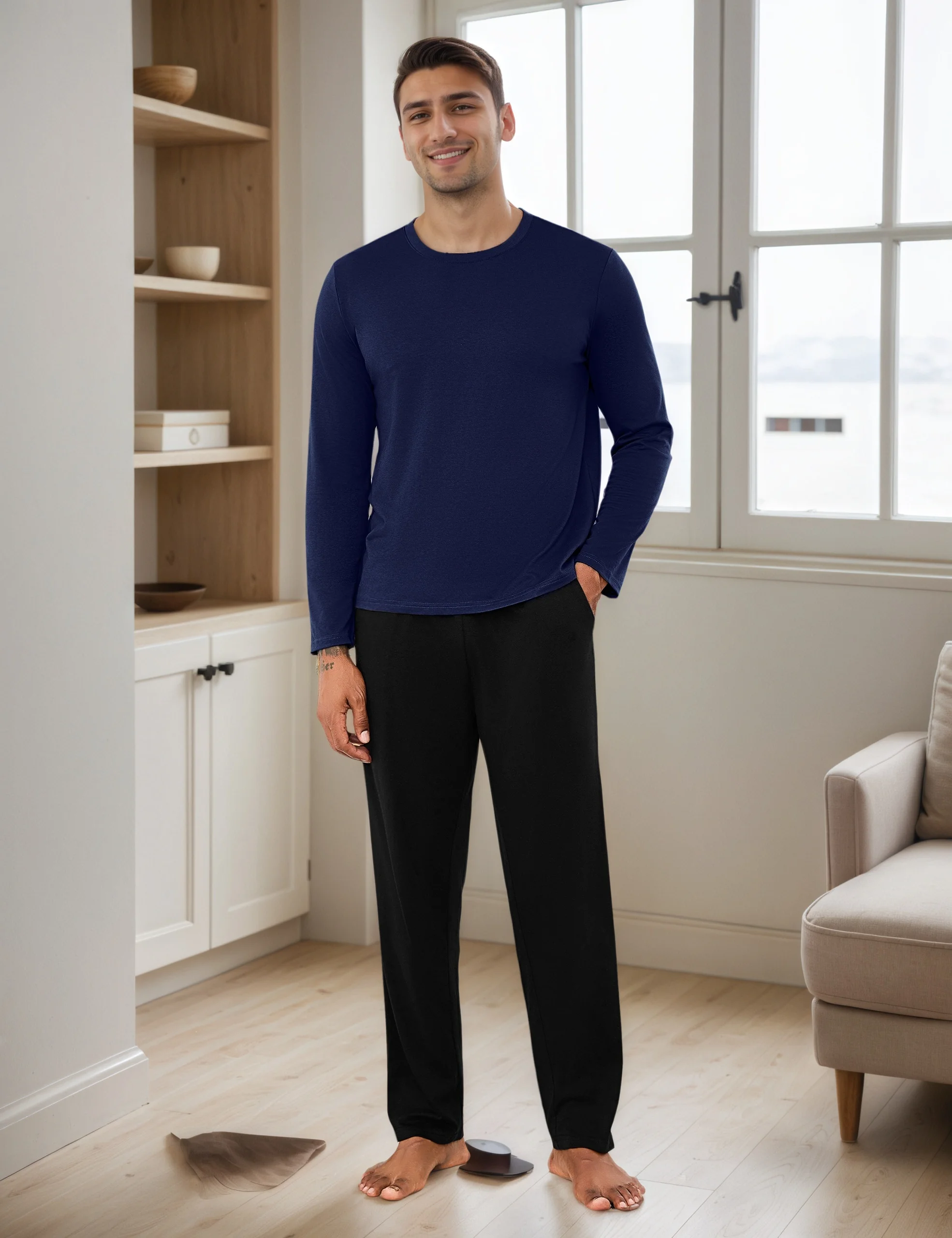 Herren Schlafanzug lang aus reiner Baumwolle, bequemes Set für Nacht und Zuhause, weiches hautfreundliches Gewebe, atmungsaktiv und angenehm, klassisches zeitloses Design, verschiedene Größen – Detail 5