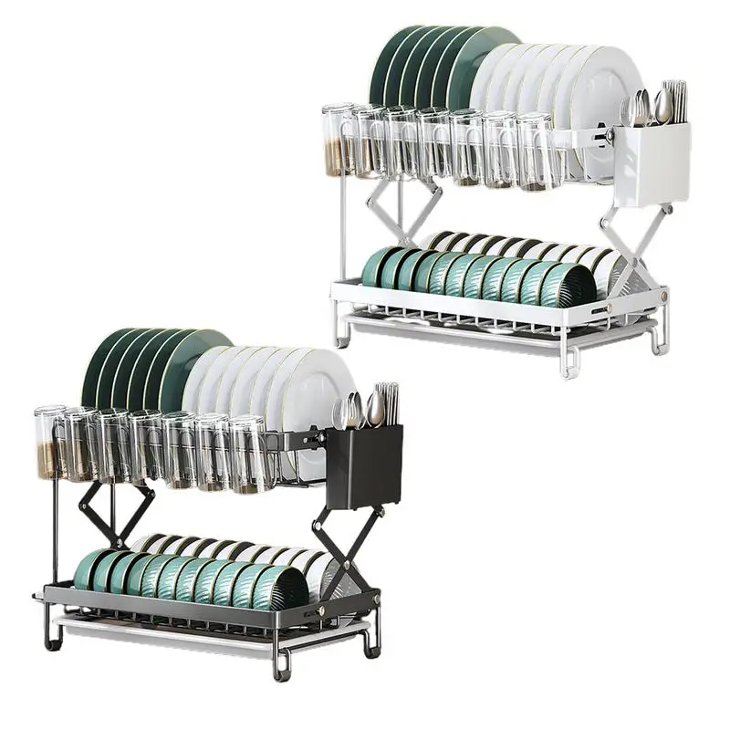 

2 Tier Dish Drying Rack Multifunctional Dish Rack Compact Kitchen Dish Rack Drainboard Set Large Rust-Proof Dish Drainer Racks