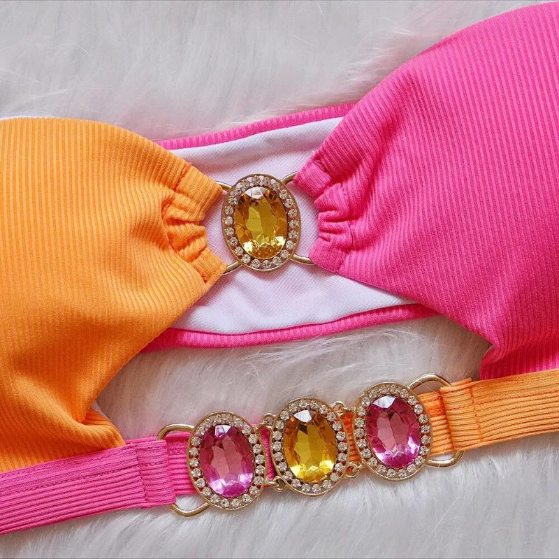 Women's Rhinestone Colourful Cutout Bandeau Bikini Set Sparkly Rave Outfits Two Piece Sexy Swimsuit Bathing Suit