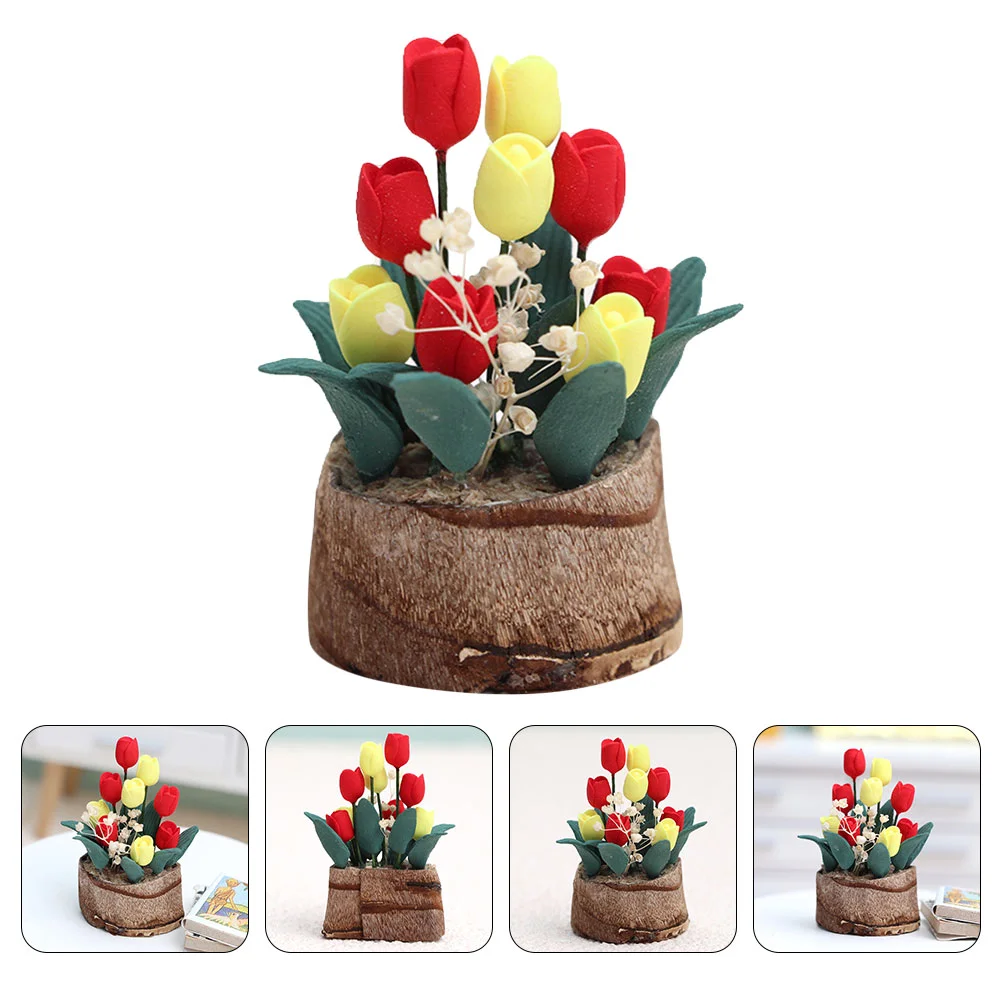 House Miniature Flower Bonsai Decoration Mini Bonsai Model Miniature Tulip Flowers division model accessories chair ornaments tulip mini chair 1 6 doll house decoration