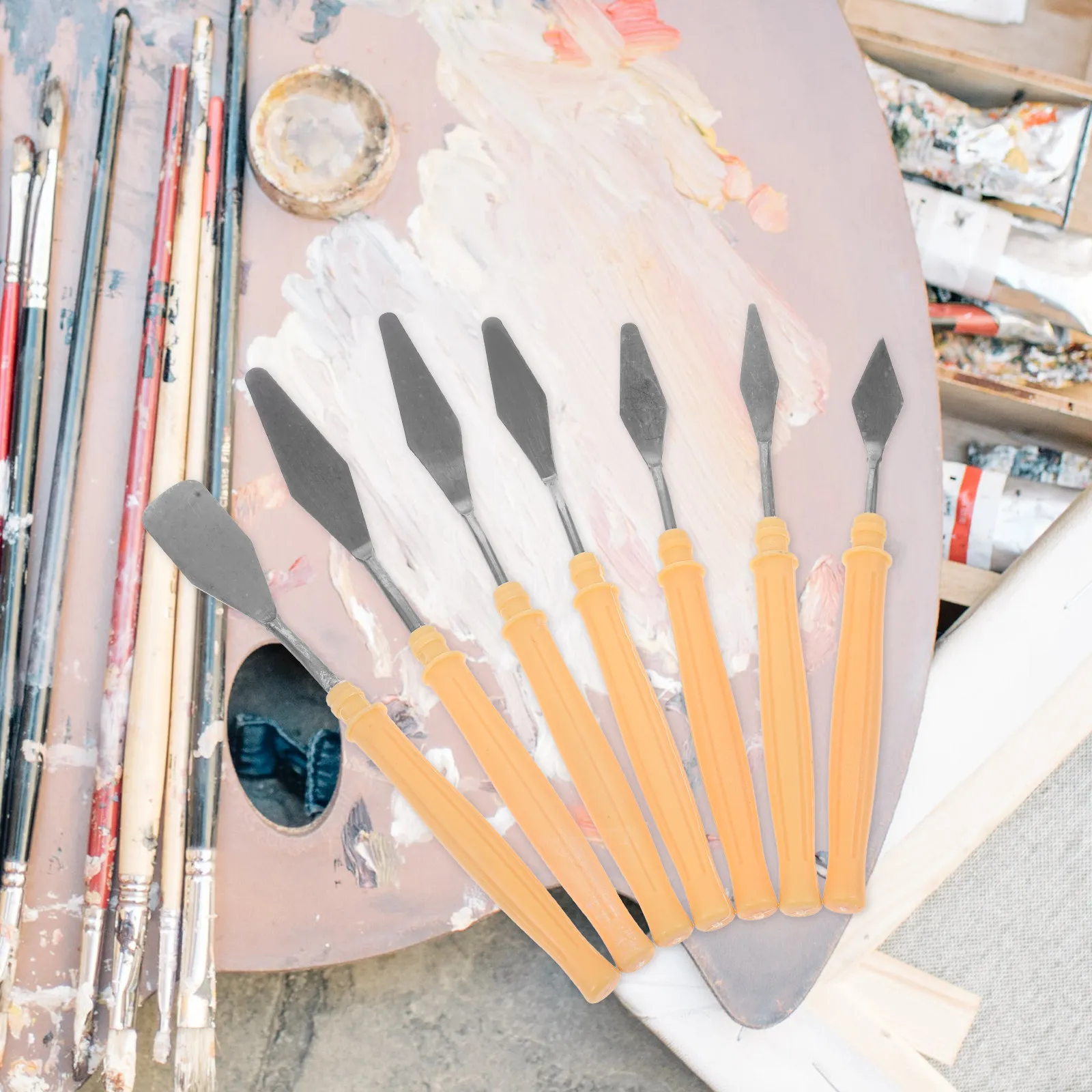 7종 전문 미술 페인팅 믹싱 스패출러 세트 (플라스틱 손잡이 포함, 팔레트 나이프 기법, 벽면 스크래핑 및 색상 작업용)