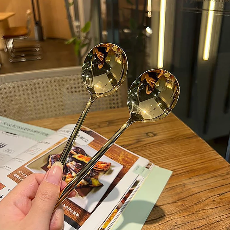 Creative Korean Head Spoon Western Food Long Handle Spoon Stainless Steel Large Square Kitchen Dessert Ice Cream Tableware