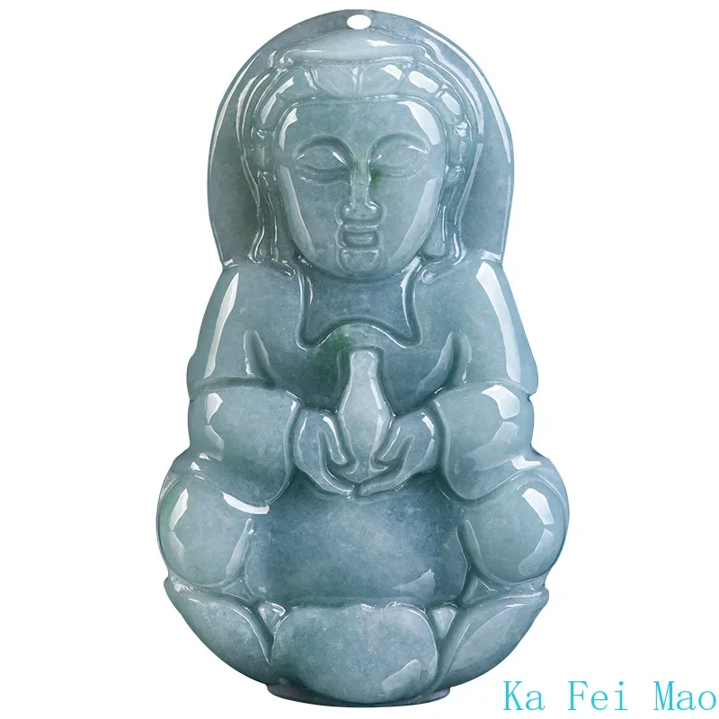 Natural A-grade Jade Blue Water Medium Guanyin Buddha Statue Pendant Necklace pendant necklace For Men's Gifts Women's Ice Jadeite Charms Jewelry