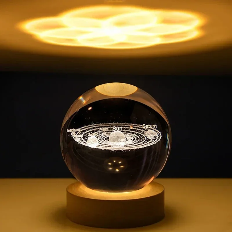 Table Lamp 8cm Crystal Ball Universe Series Night Light Solid Wood Base Glowing Crystal Led Light Small Ornament Milky Way