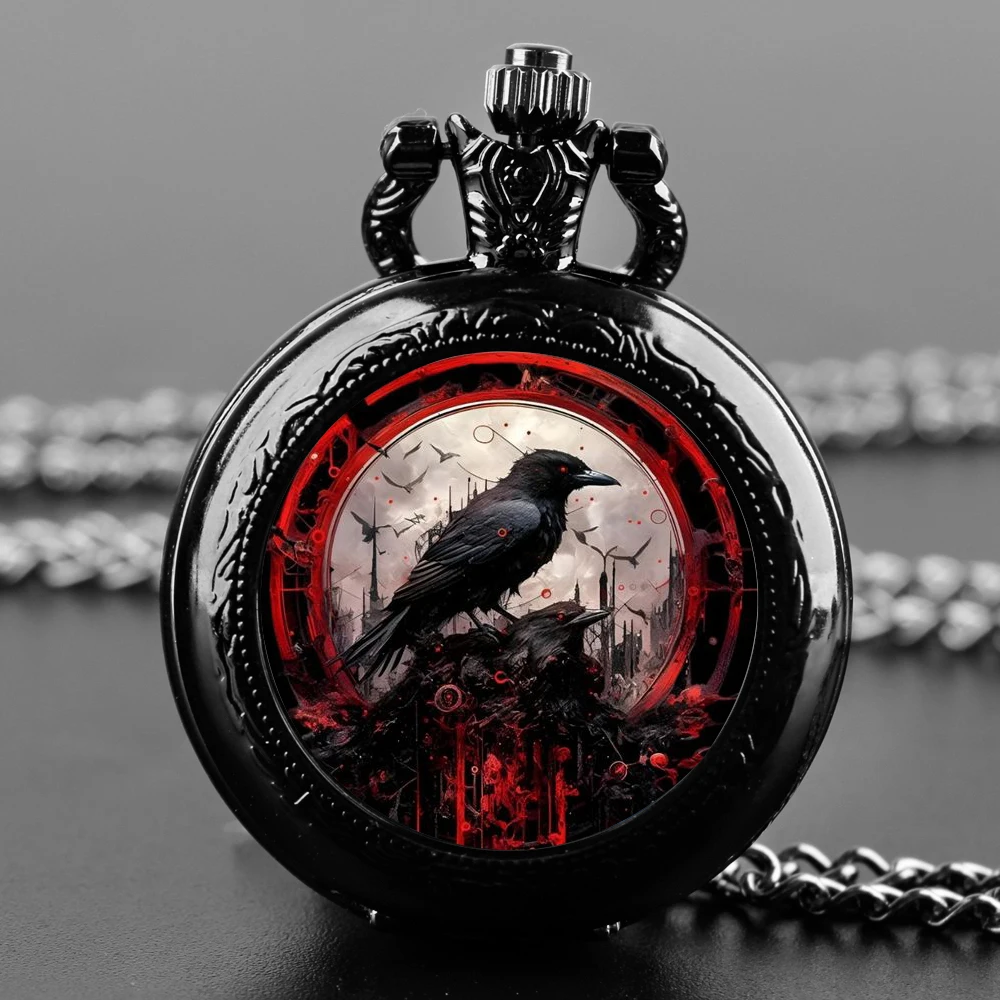 

Creative Retro Crow Bird Quartz Pocket Watch for Women Men Black Necklace, Unique Pendant Clock Chain Watch Gift Accessories