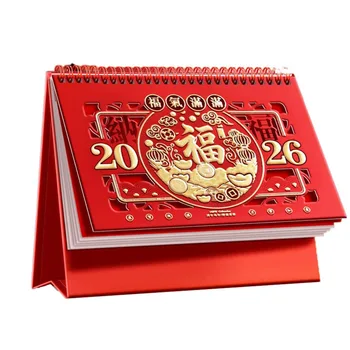 Calendario da tavolo 2026 dell'anno del cavallo Calendario tradizionale di Capodanno in stile cinese Parole di benedizione dei cartoni animati Calendario a fogli mobili in piedi