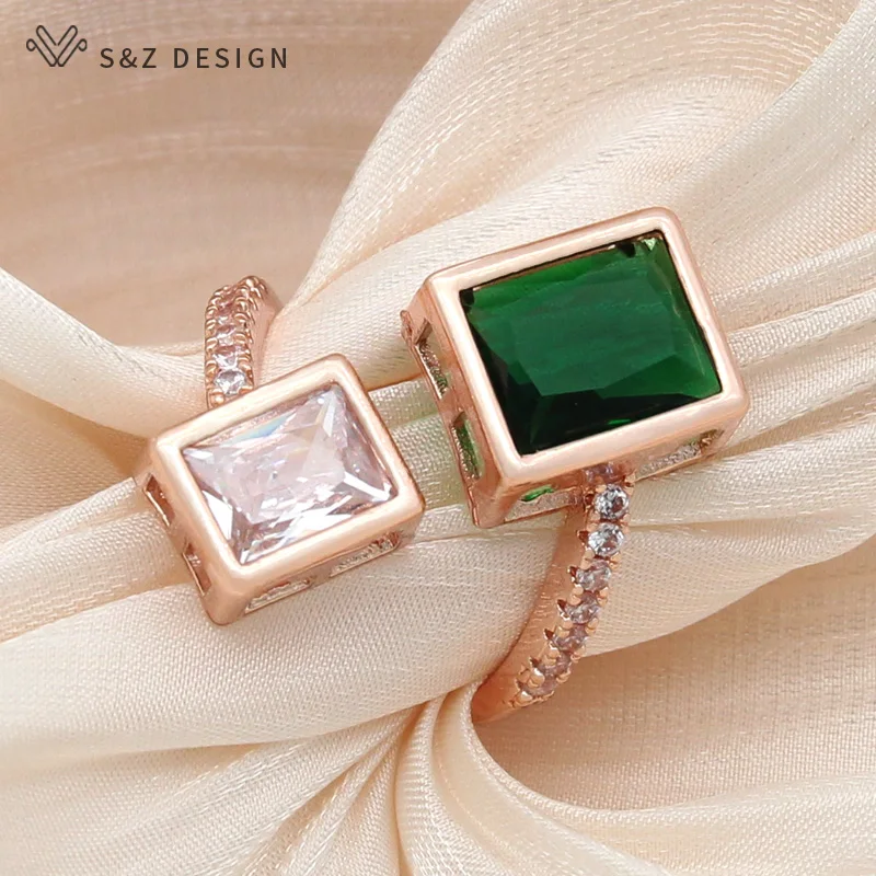 S&Z DESIGN New Fashion 585 Rose Gold Color Rectangle Cubic Zirconia Resizable Rings For Women Wedding Party Jewelry Gift