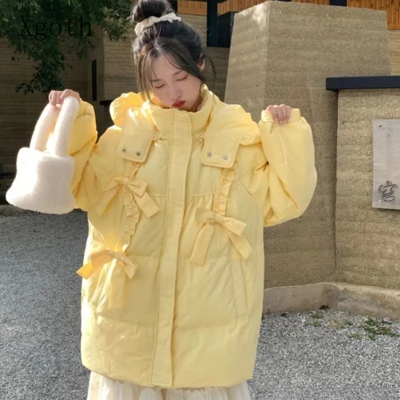 Sweet Cute Bow Down Jacket For Women New Preppy Goose Yellow